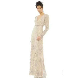 MAC DUGGAL SEQUINED FLORAL EMBELLISHED LONG SLEEVE GOWN 14 Puff Shoulder Dress L